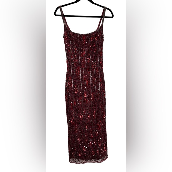👗 NWT! Mac Duggal Sequin & Bead Midi Red Slip Dress - Picture 6 of 16
